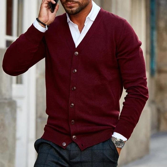 Warm Slim Fit V-Neck Buttoned Cardigan for Men