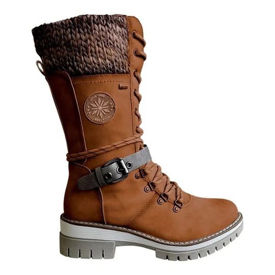 Buckle Lace Knitted Mid-calf Boots for Women