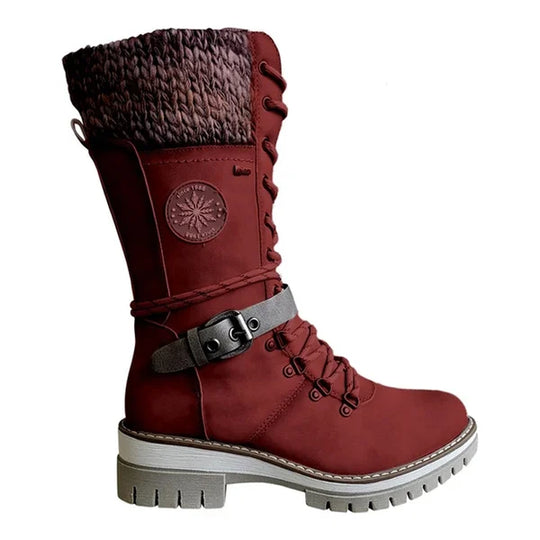 Buckle Lace Knitted Mid-calf Boots for Women