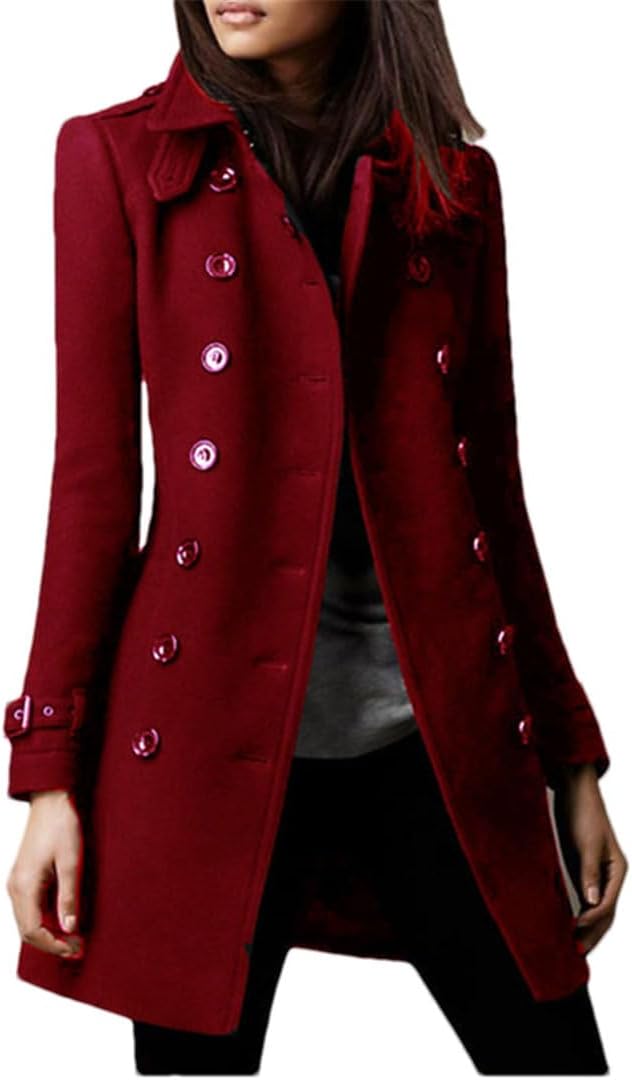 Mid-length Double-Breasted Coat with Buttons for Women