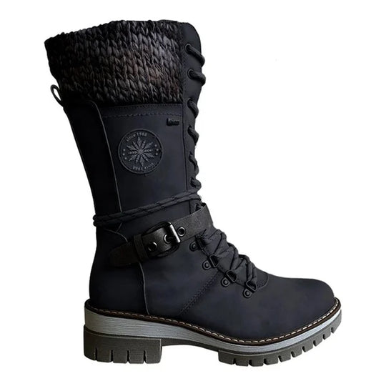 Buckle Lace Knitted Mid-calf Boots for Women