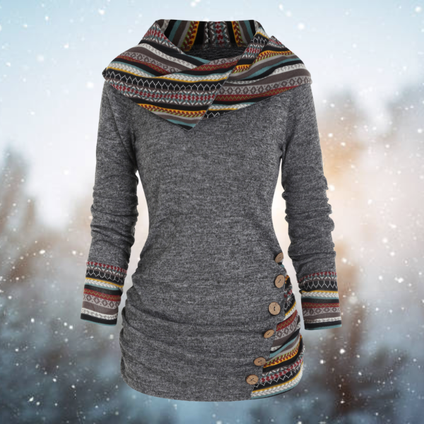 Boho Pullover with Hood and Buttons for Women