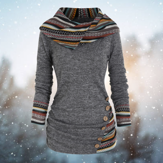 Boho Pullover with Hood and Buttons for Women