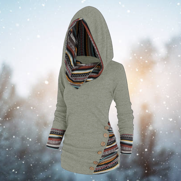 Boho Pullover with Hood and Buttons for Women