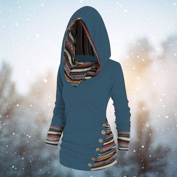 Boho Pullover with Hood and Buttons for Women