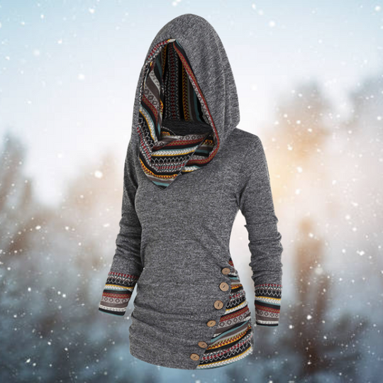 Boho Pullover with Hood and Buttons for Women