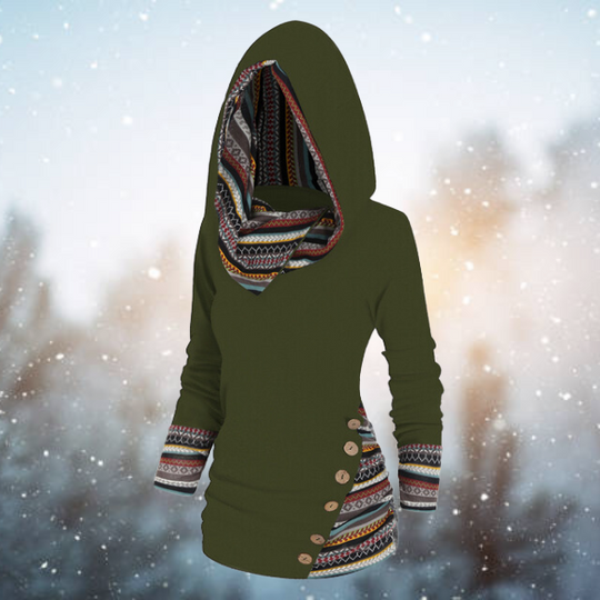 Boho Pullover with Hood and Buttons for Women