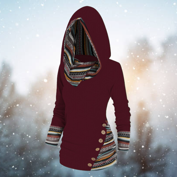 Boho Pullover with Hood and Buttons for Women