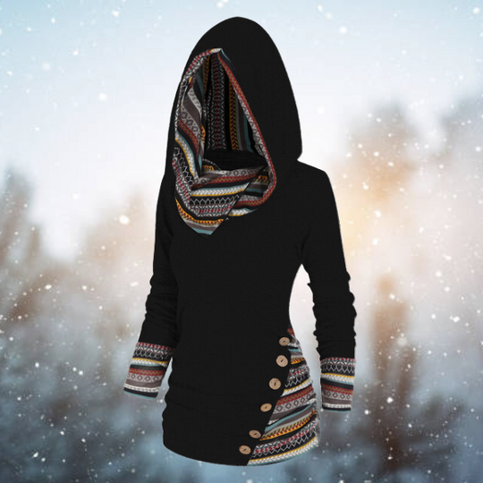 Boho Pullover with Hood and Buttons for Women