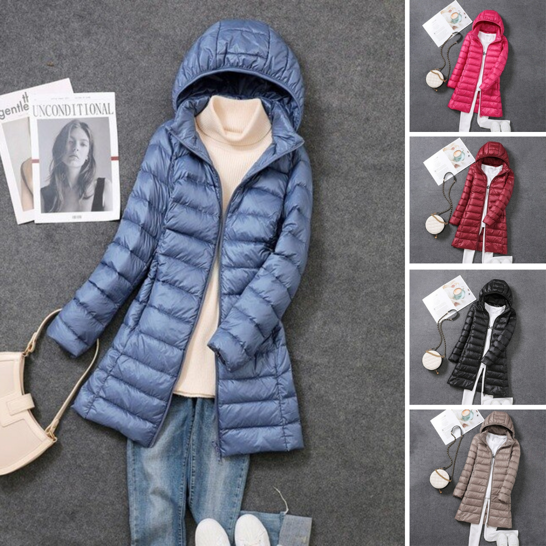 Windproof Long Puffer Jacket with Removable Hood for Women