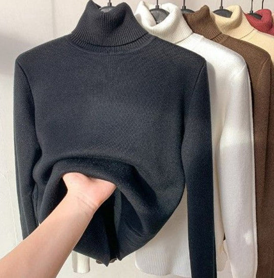 Fleece-Lined Turtleneck Knit Sweater for Women