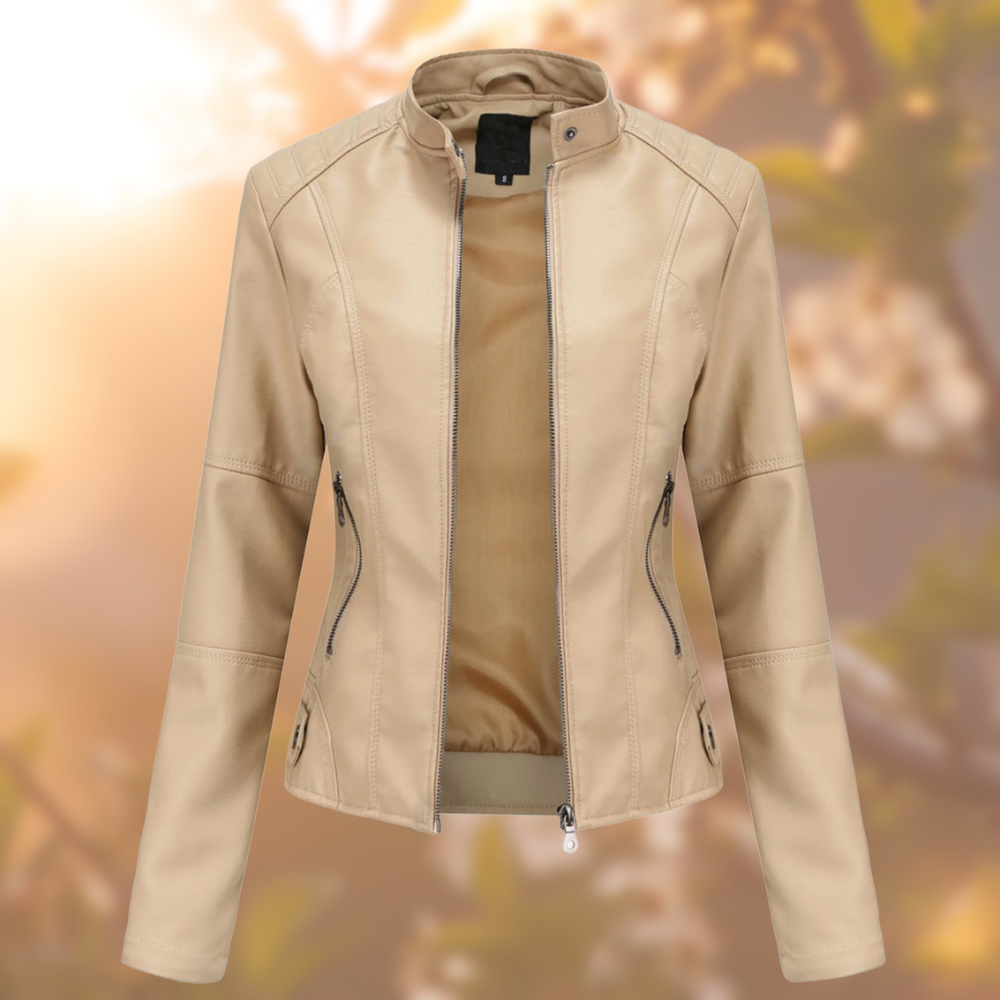 Stand Up Collar Leather Jacket for Women