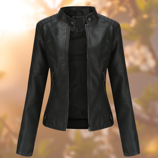 Stand Up Collar Leather Jacket for Women