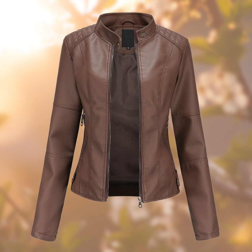 Stand Up Collar Leather Jacket for Women