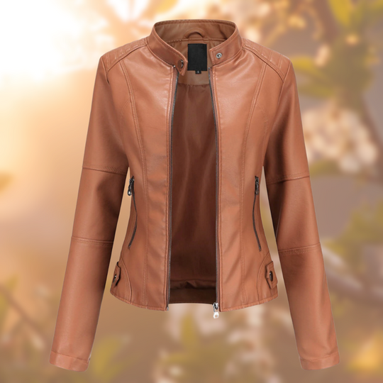 Stand Up Collar Leather Jacket for Women