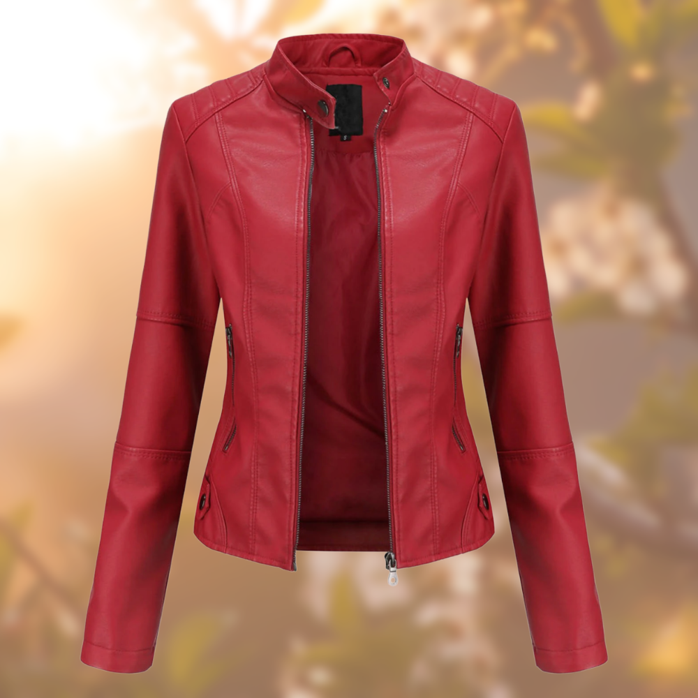 Stand Up Collar Leather Jacket for Women