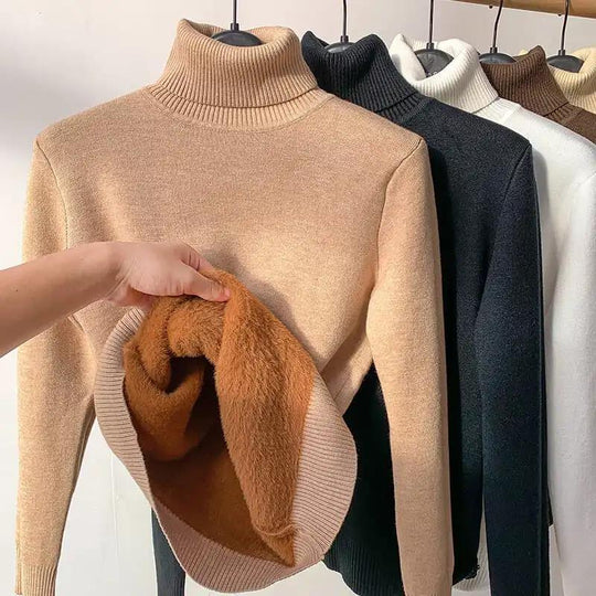 Fleece-Lined Turtleneck Knit Sweater for Women