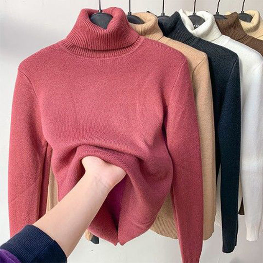 Fleece-Lined Turtleneck Knit Sweater for Women