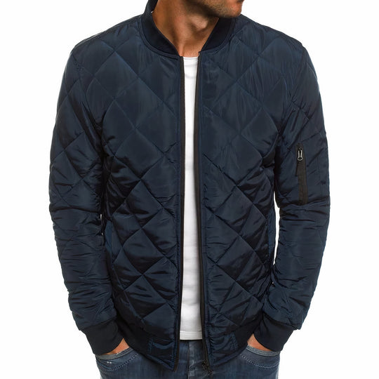 Warm Quilted Winter Jacket with Ribbed Cuff Hem for Men