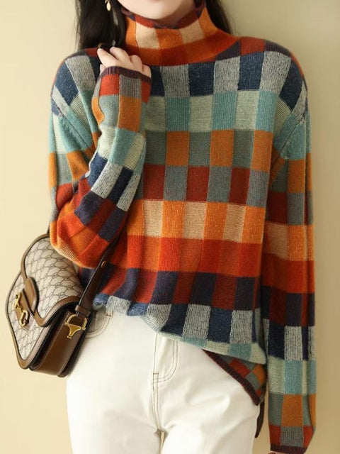 Warm Color Block Plaid Knit Pullover for Women