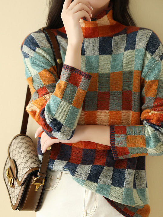 Warm Color Block Plaid Knit Pullover for Women