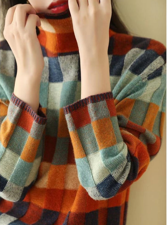 Warm Color Block Plaid Knit Pullover for Women