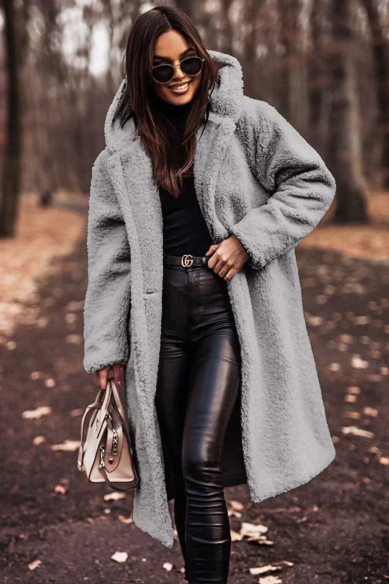 Oversize Plush Winter Coat with Pocket for Women