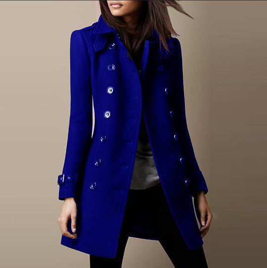 Mid-length Double-Breasted Coat with Buttons for Women