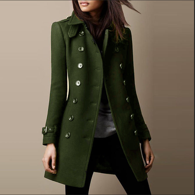 Mid-length Double-Breasted Coat with Buttons for Women