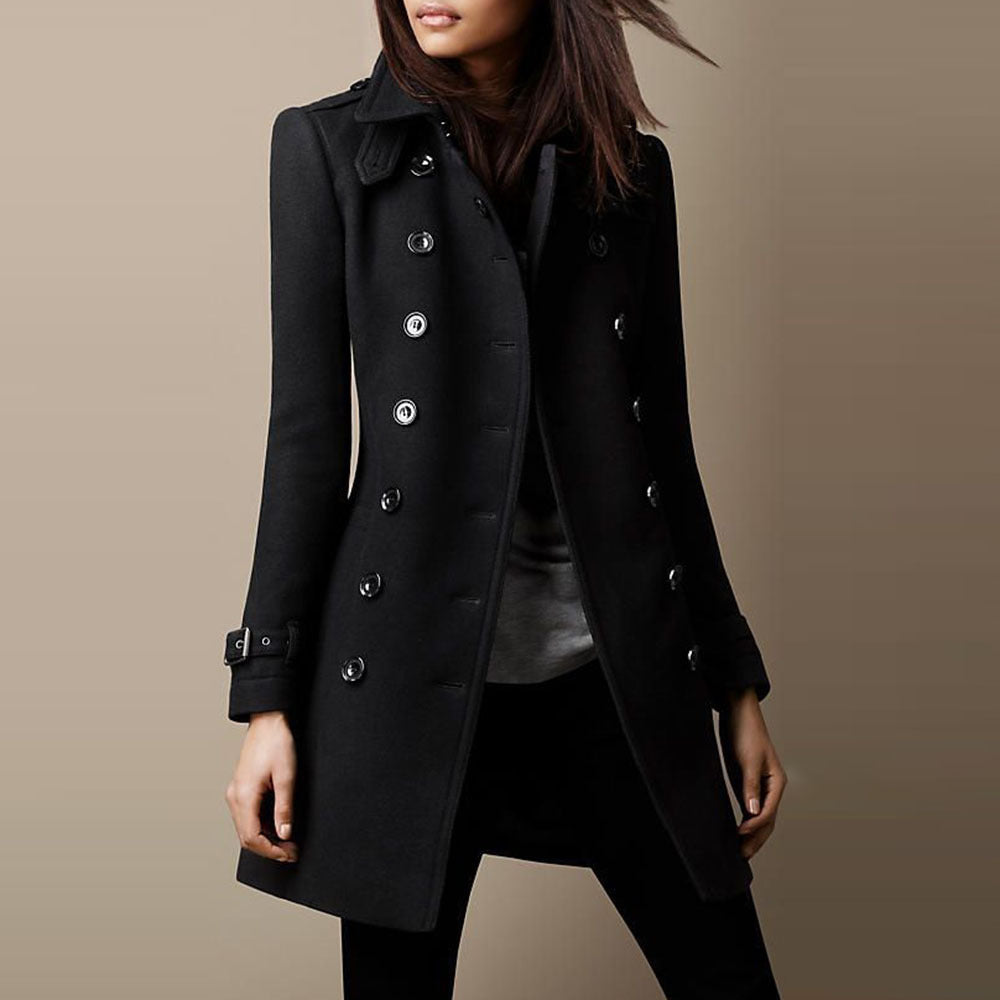 Mid-length Double-Breasted Coat with Buttons for Women