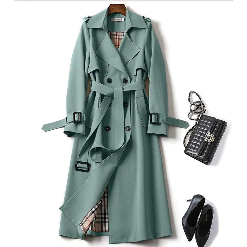 Double Breasted Long Trench Coat with Belt for Women