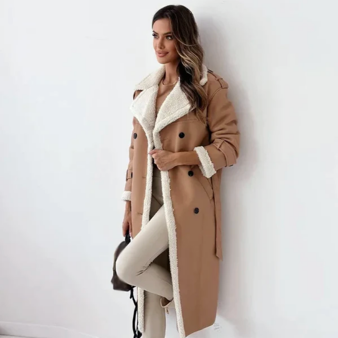 Long Fleece Lined Trench Coat with Belt for Women