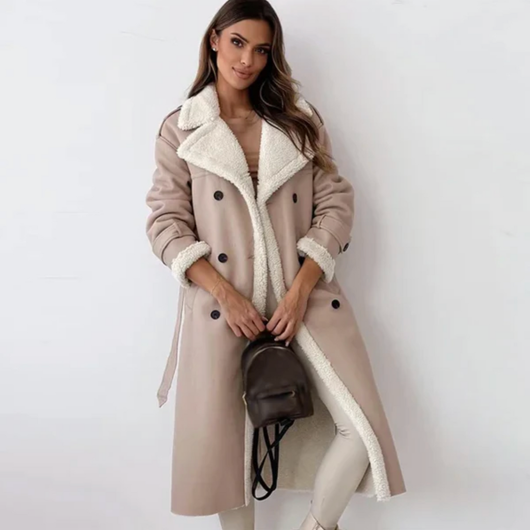 Long Fleece Lined Trench Coat with Belt for Women