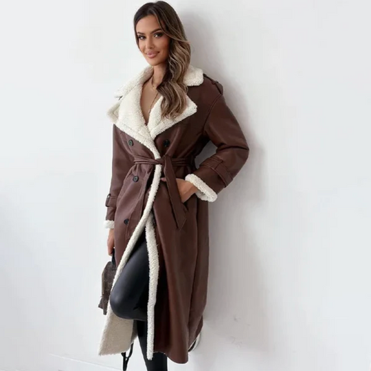 Long Fleece Lined Trench Coat with Belt for Women