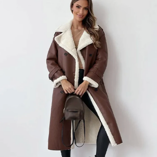 Long Fleece Lined Trench Coat with Belt for Women