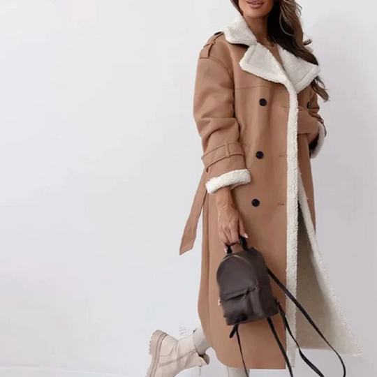 Long Fleece Lined Trench Coat with Belt for Women