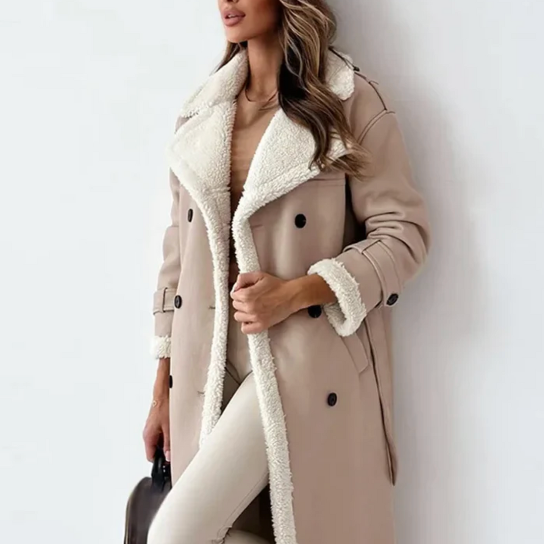 Long Fleece Lined Trench Coat with Belt for Women