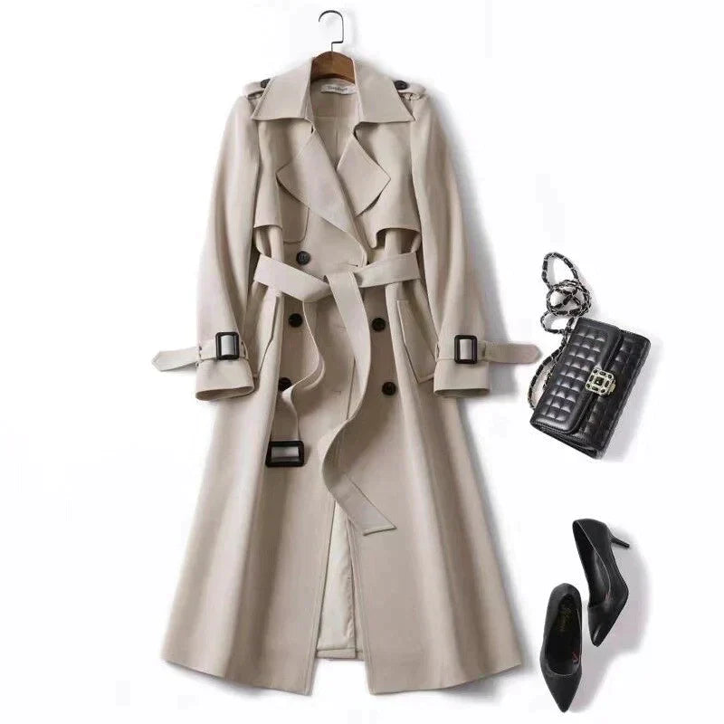 Double Breasted Long Trench Coat with Belt for Women