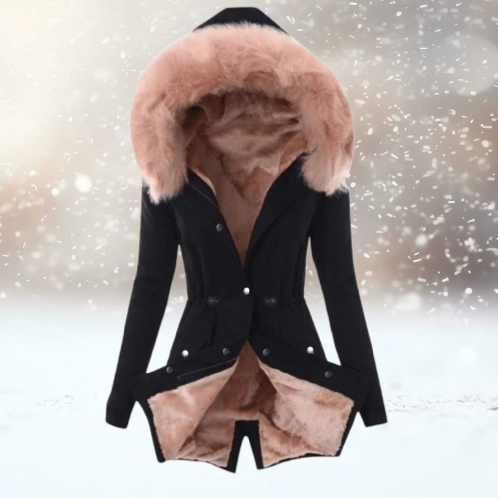 Slim Fit Mid-lenght Fur Jacket with Hood for Women