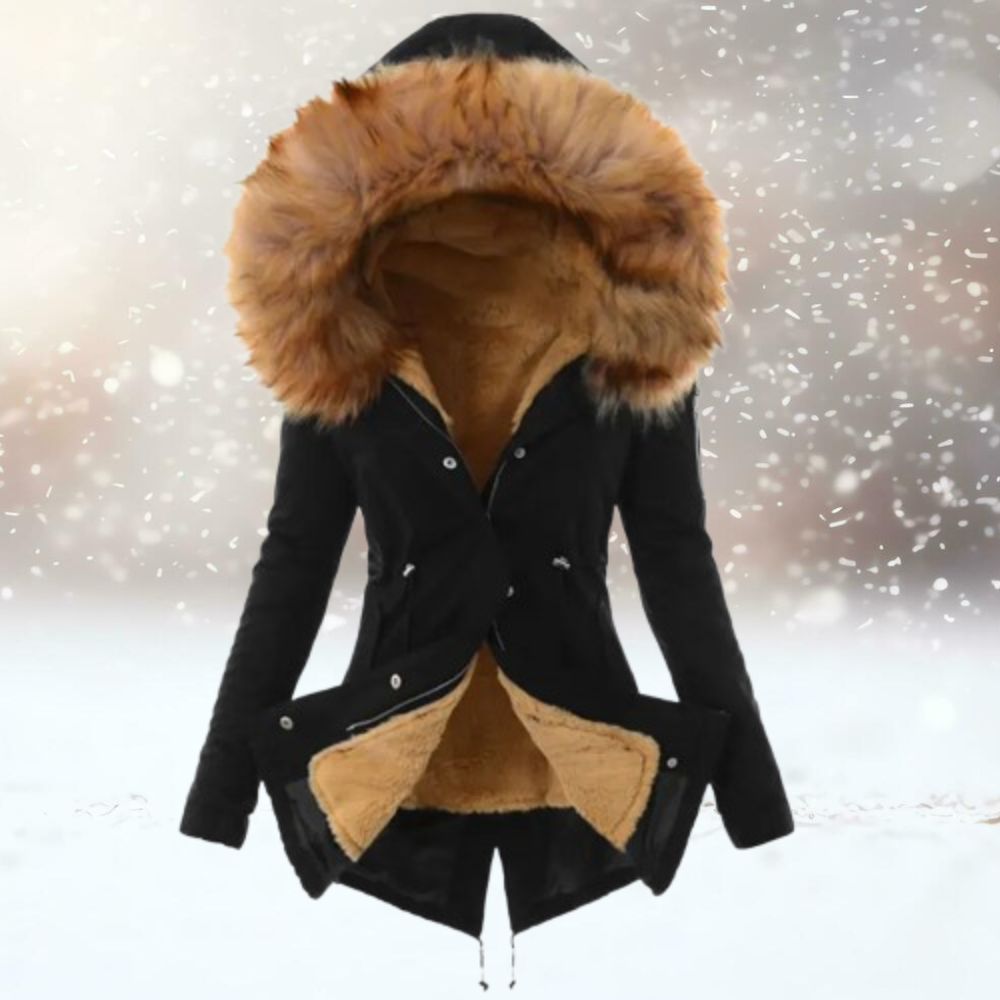 Slim Fit Mid-lenght Fur Jacket with Hood for Women