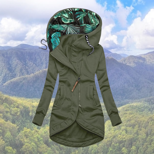 Mid-length Jacket with Floral Hood for Women