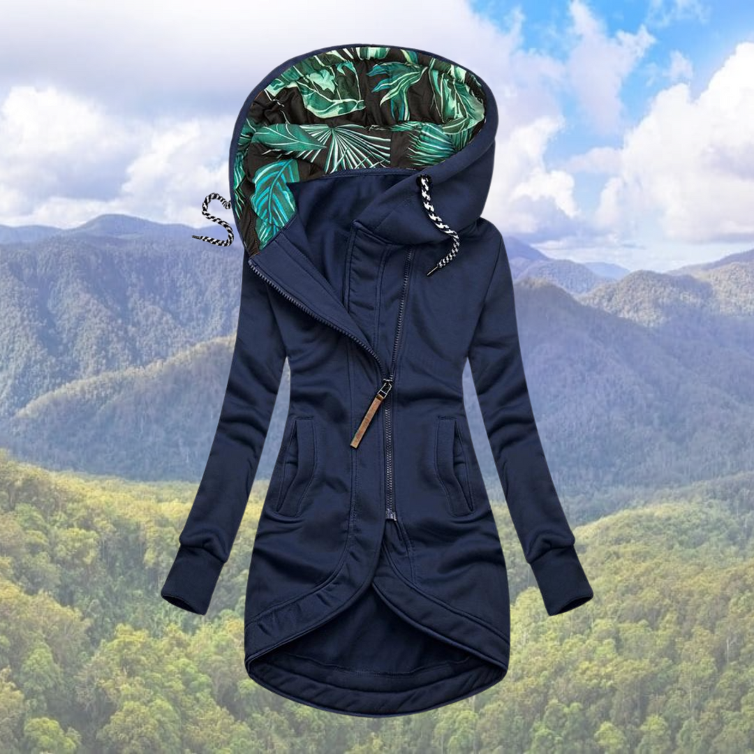 Mid-length Jacket with Floral Hood for Women