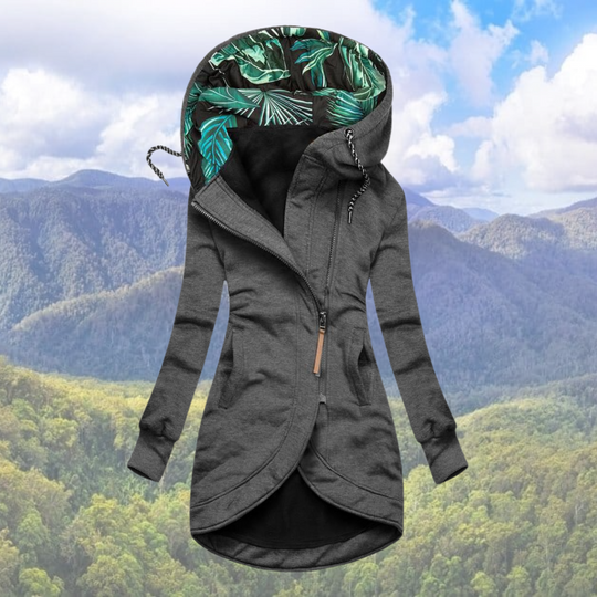 Mid-length Jacket with Floral Hood for Women