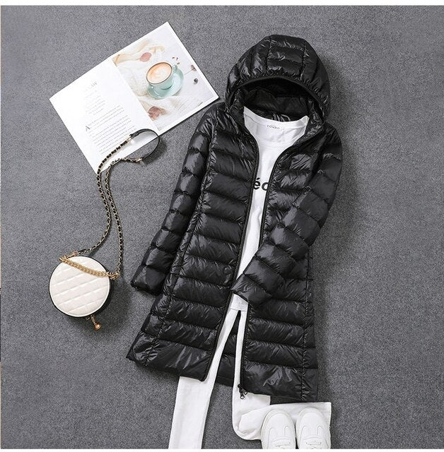 Windproof Long Puffer Jacket with Removable Hood for Women