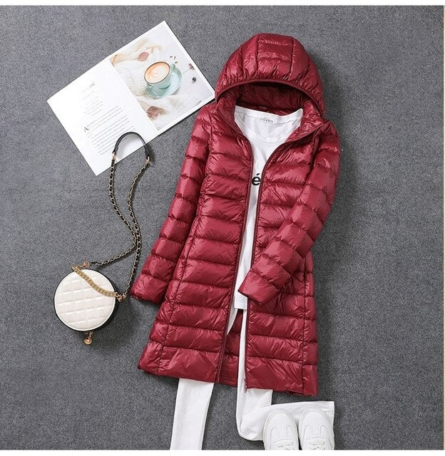 Windproof Long Puffer Jacket with Removable Hood for Women