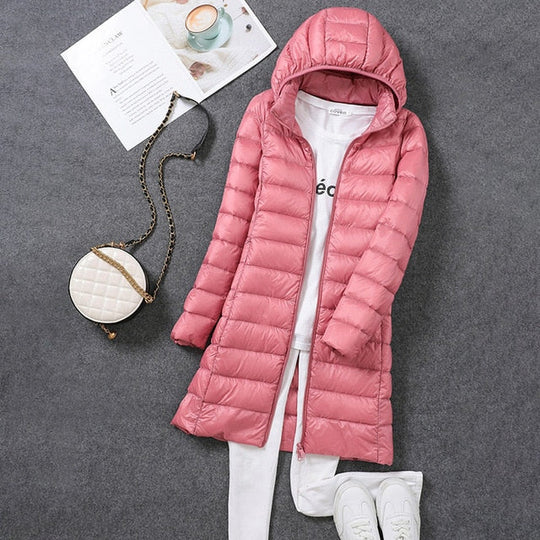 Windproof Long Puffer Jacket with Removable Hood for Women