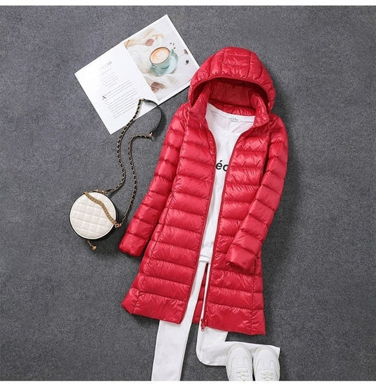 Windproof Long Puffer Jacket with Removable Hood for Women