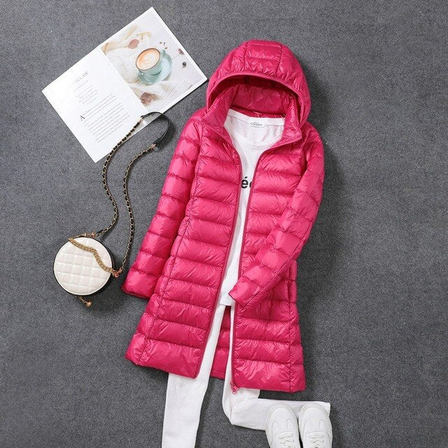 Windproof Long Puffer Jacket with Removable Hood for Women