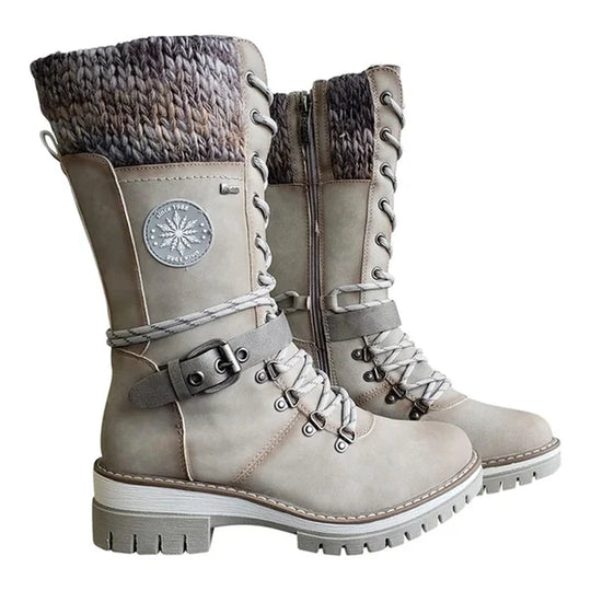 Buckle Lace Knitted Mid-calf Boots for Women