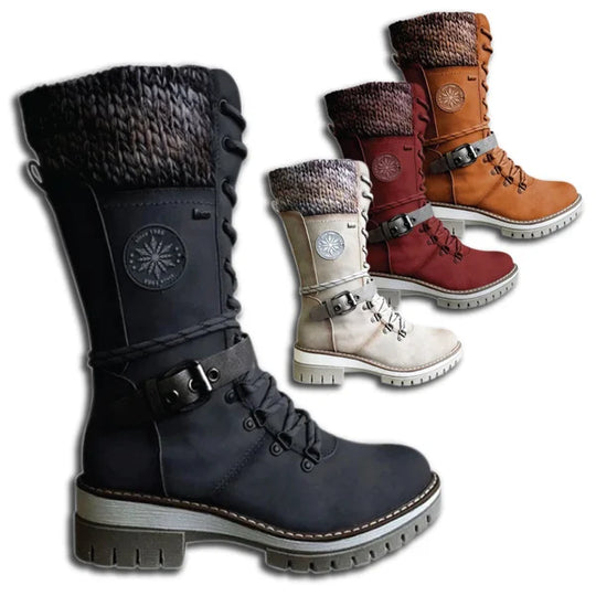 Buckle Lace Knitted Mid-calf Boots for Women